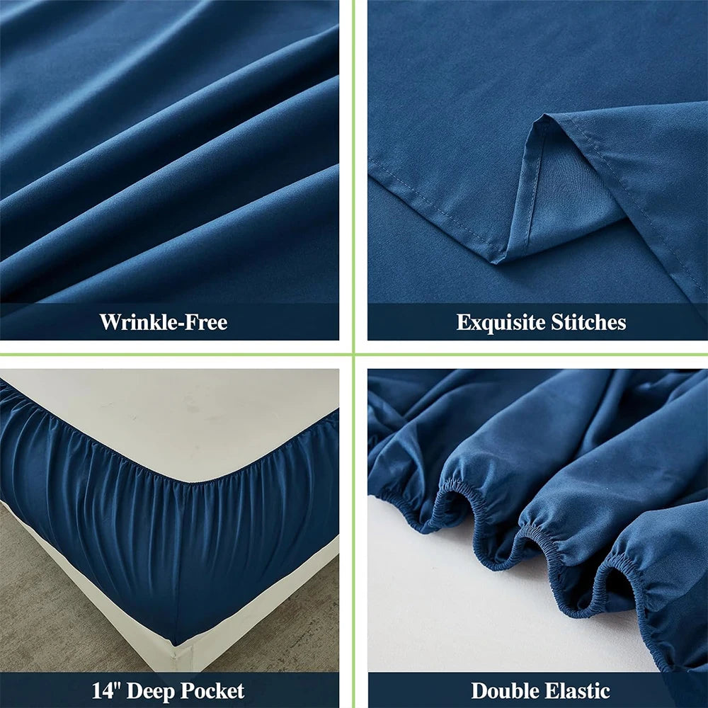 ensemble draps bleu marine profond tissage serré doux moderne minimaliste pièces drap housse plat