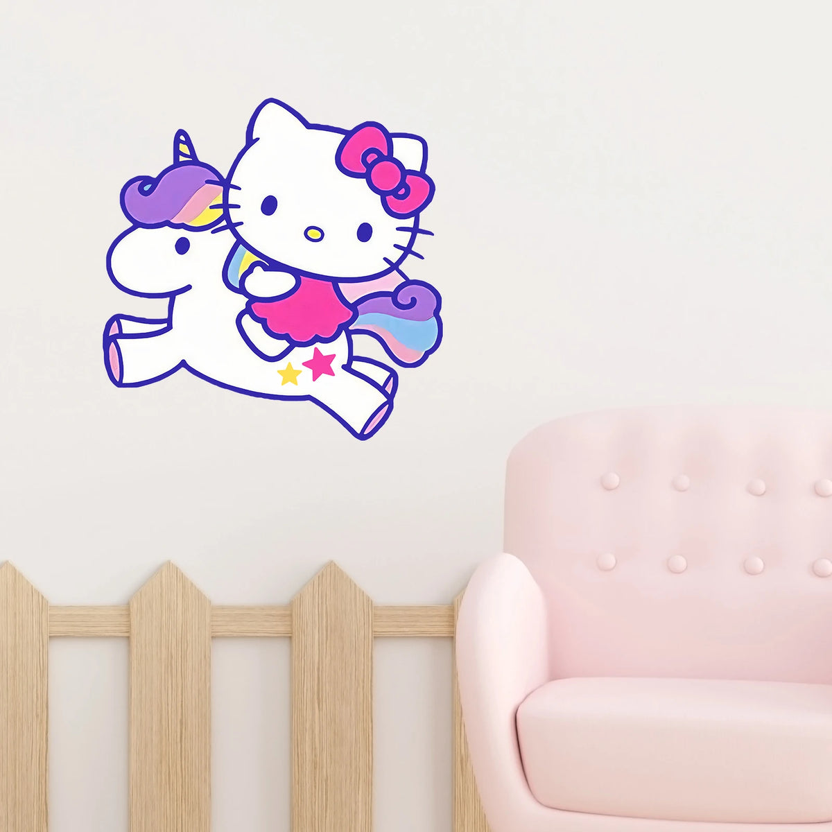 sticker mural hello kitty licorne arc ciel étoile dessin animé violet rose blanc bleu