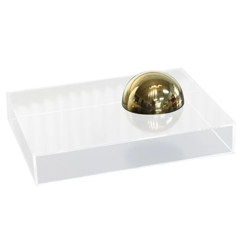 présentoir rectangulaire acrylique transparent couvercle anti poussière moderne sphère dorée livre blanc motif léopard