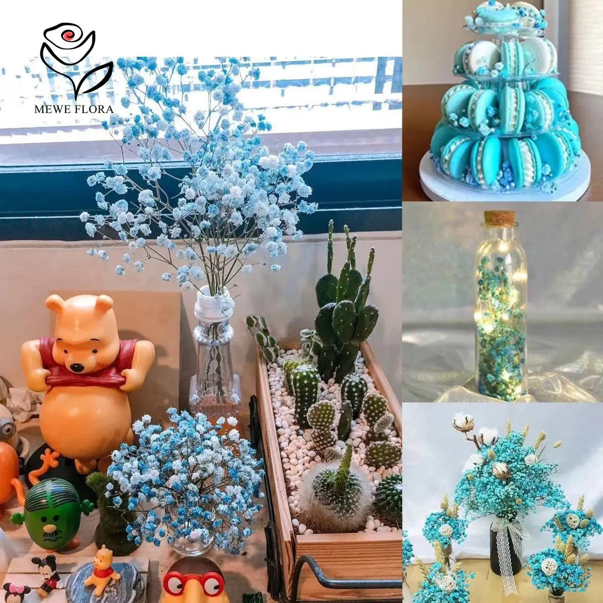 Bouquet fleurs artificielles bleu clair petites fleurs rondes décoration moderne vase inclusion