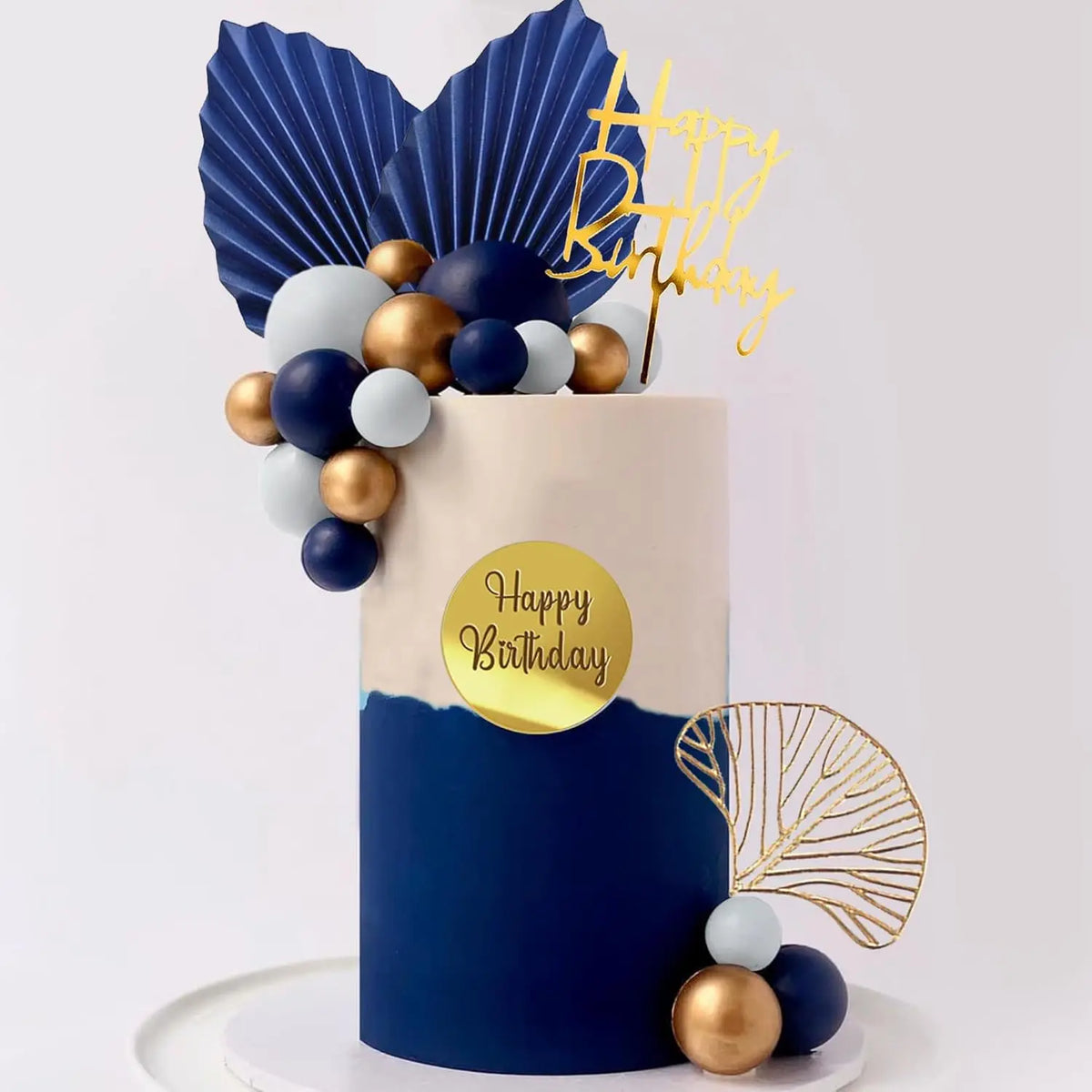 décorations gâteau doré blanc bleu moderne cercles feuilles textes anniversaire mariage baptême