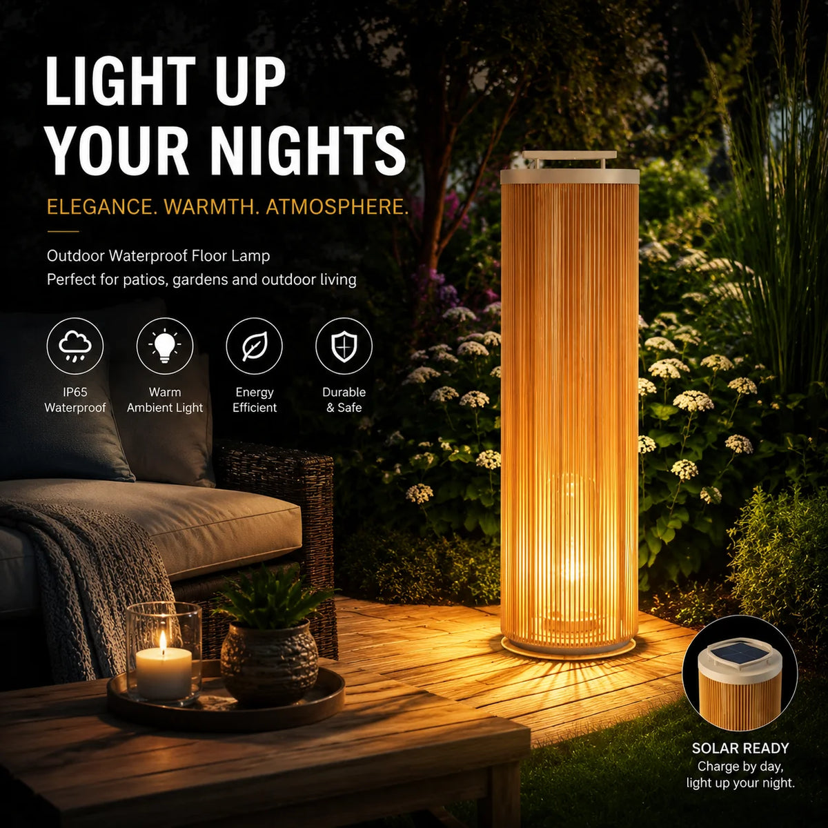 lampe solaire jardin moderne marron clair blanc rayures verticales étanche ip65 led allée patio