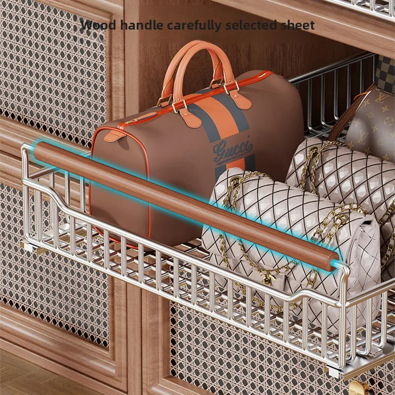 paniers rangement argenté moderne maille fine poignées cuir