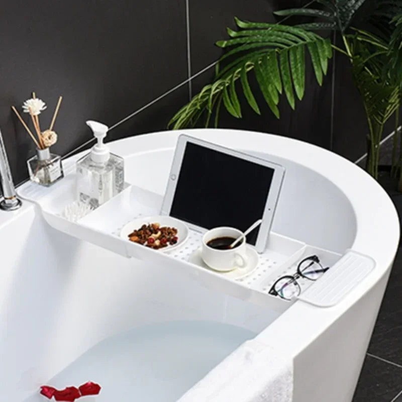 plateau bain extensible moderne blanc noir serviette rangement fruits bouteilles loofah écran tactile minimaliste