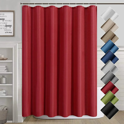Rideau de luxe de couleur rouge vif, suspendus élégamment dans une salle de bain, ajoutant une touche de chaleur et de sophistication à la décoration intérieure.