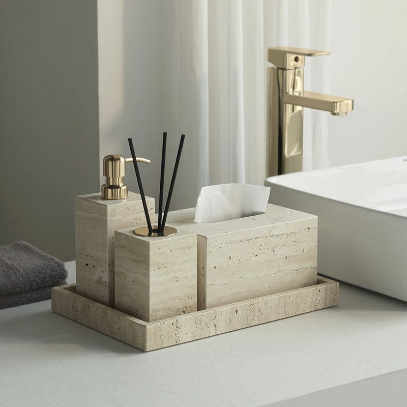 ensemble accessoires salle bain travertin beige distributeur savon plateau pot coton diffuseur moderne