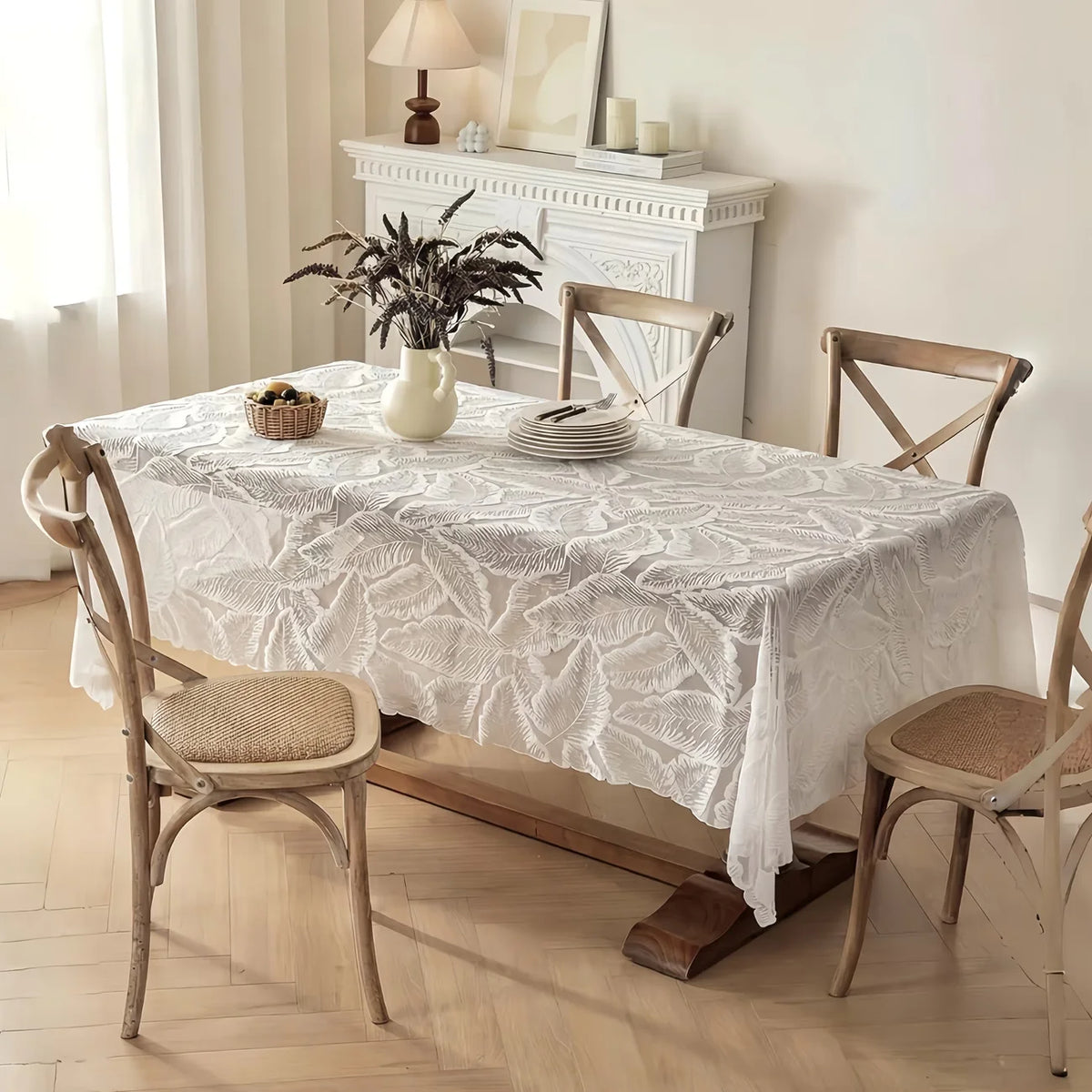 nappe blanche feuilles stylisées classique opaquer table mariage décoration intérieure blanc lavable machine