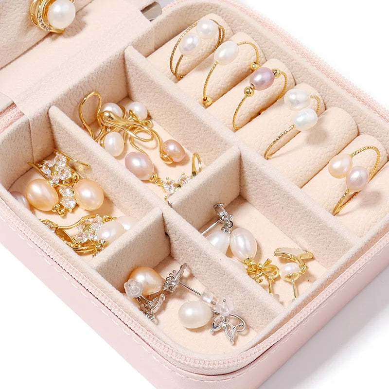boîte bijoux simili cuir gris rose moderne fermeture éclair rangement bagues pendentifs boucles d'oreilles