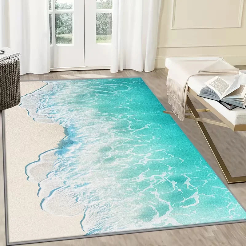 tapis moderne bleu ondes mer salon chambre extérieur anti dérapant confortable polyester minimaliste
