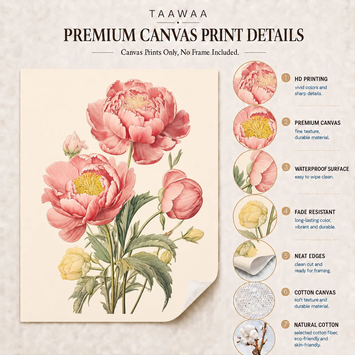 toile imprimée pivoine rose vintage décoration murale chambre salon illustration florale moderne