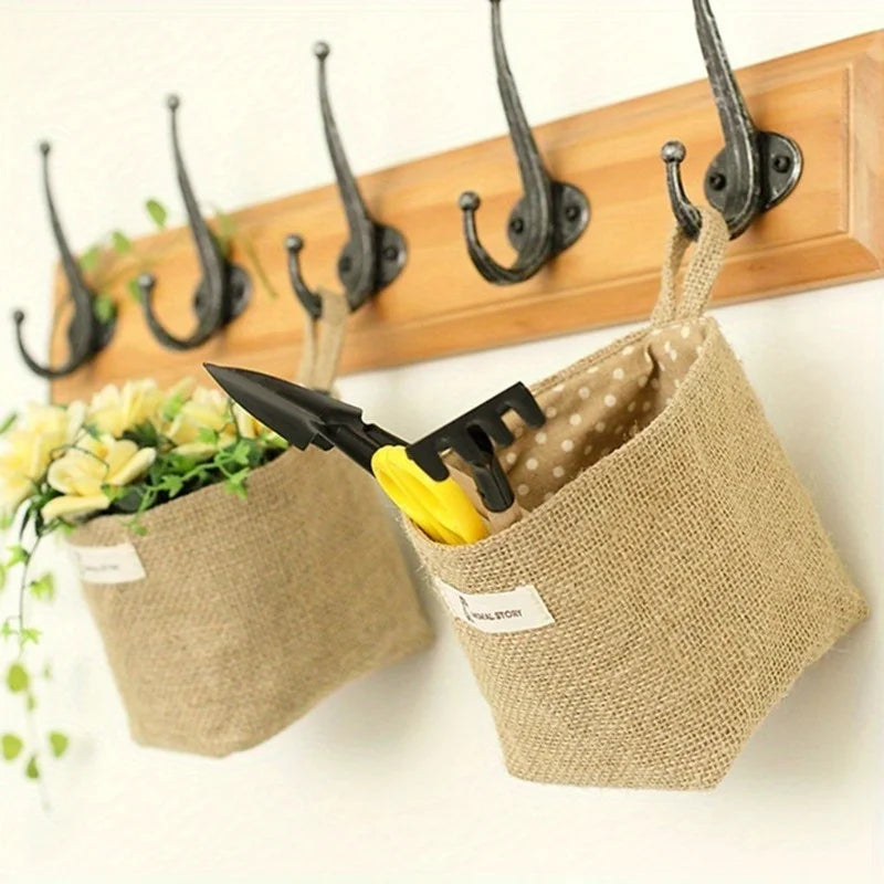 sac rangement toile jute pois rayures blanc noir rustique boho chic anneaux métalliques étiquette