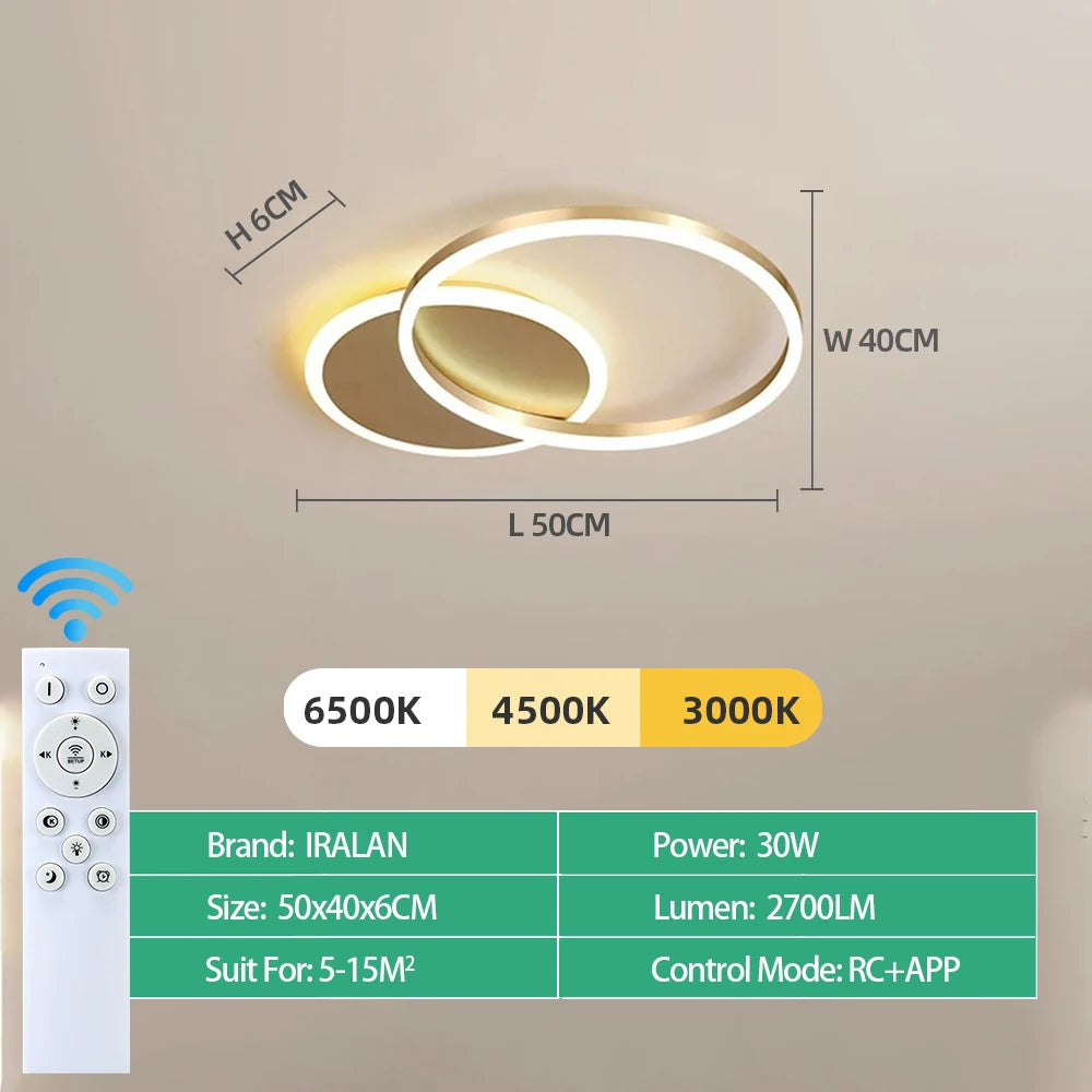 lampe moderne anneaux blanc or télécommande éclairage led minimaliste facile flux lumineux variable