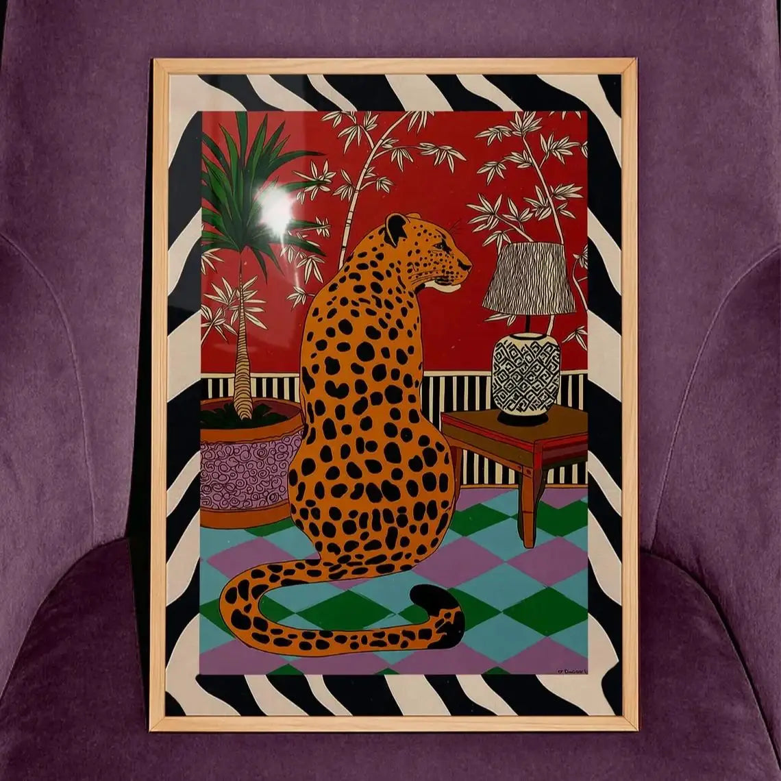 tableau moderne léopard pop art géométrique couleur rouge beige opaque vertical