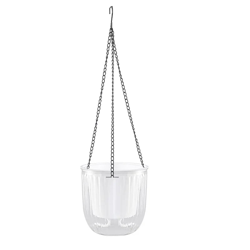 pots suspendus auto arrosants balcon cour plastique rayures vertes modernes marrons chaine inclusion plante