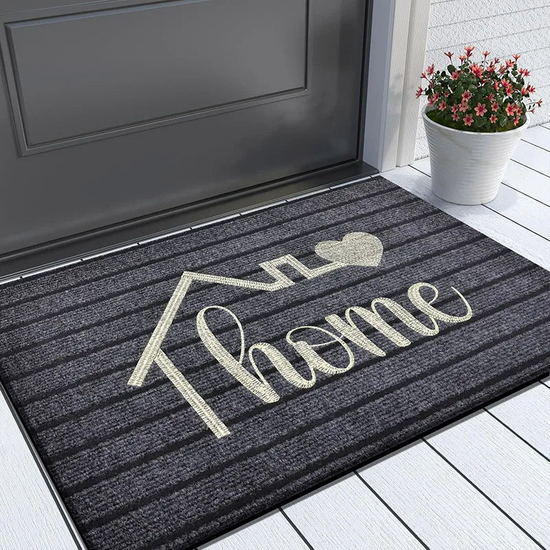 tapis d'entrée noir rayures horizontales broderie dorée moderne antidérapant