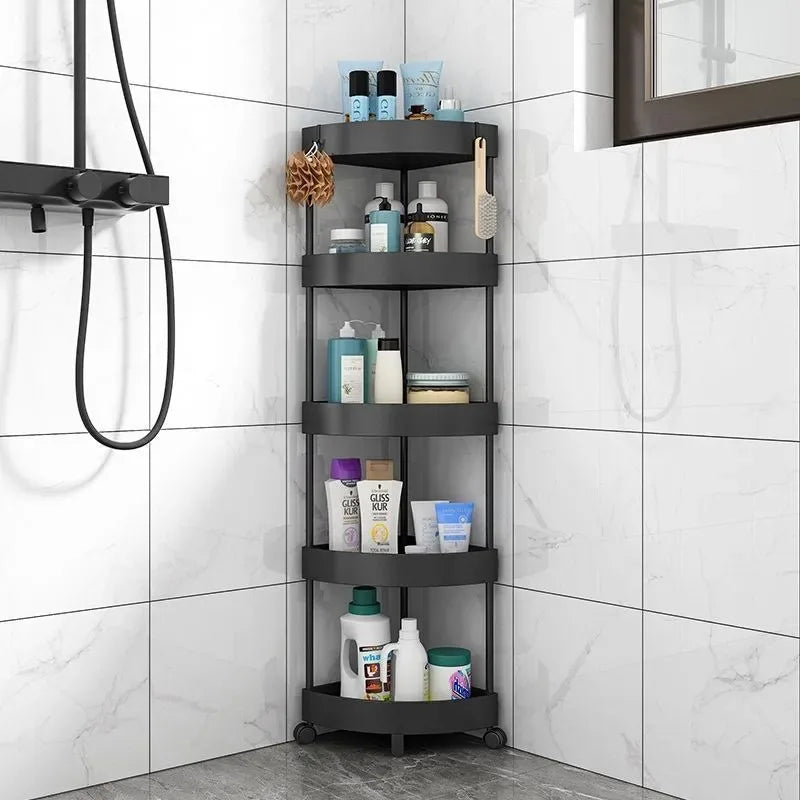 étagère d'angle rotative étages noir blanc moderne paniers osier rangement cuisine salle bain chambre