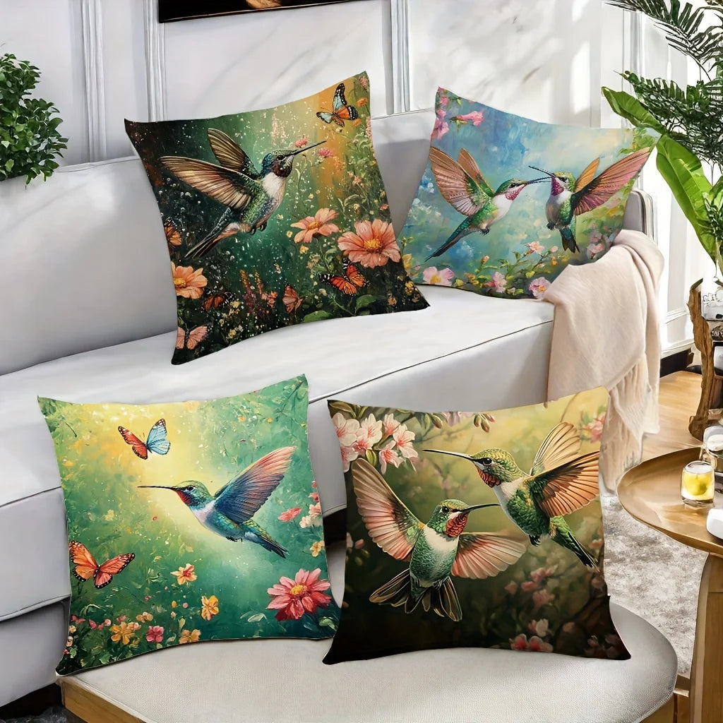 taies d'oreiller imprimées motifs fleurs colibris modernes polyester peachskin 40x40cm 45x45cm 50x50cm 60x60cm decoration