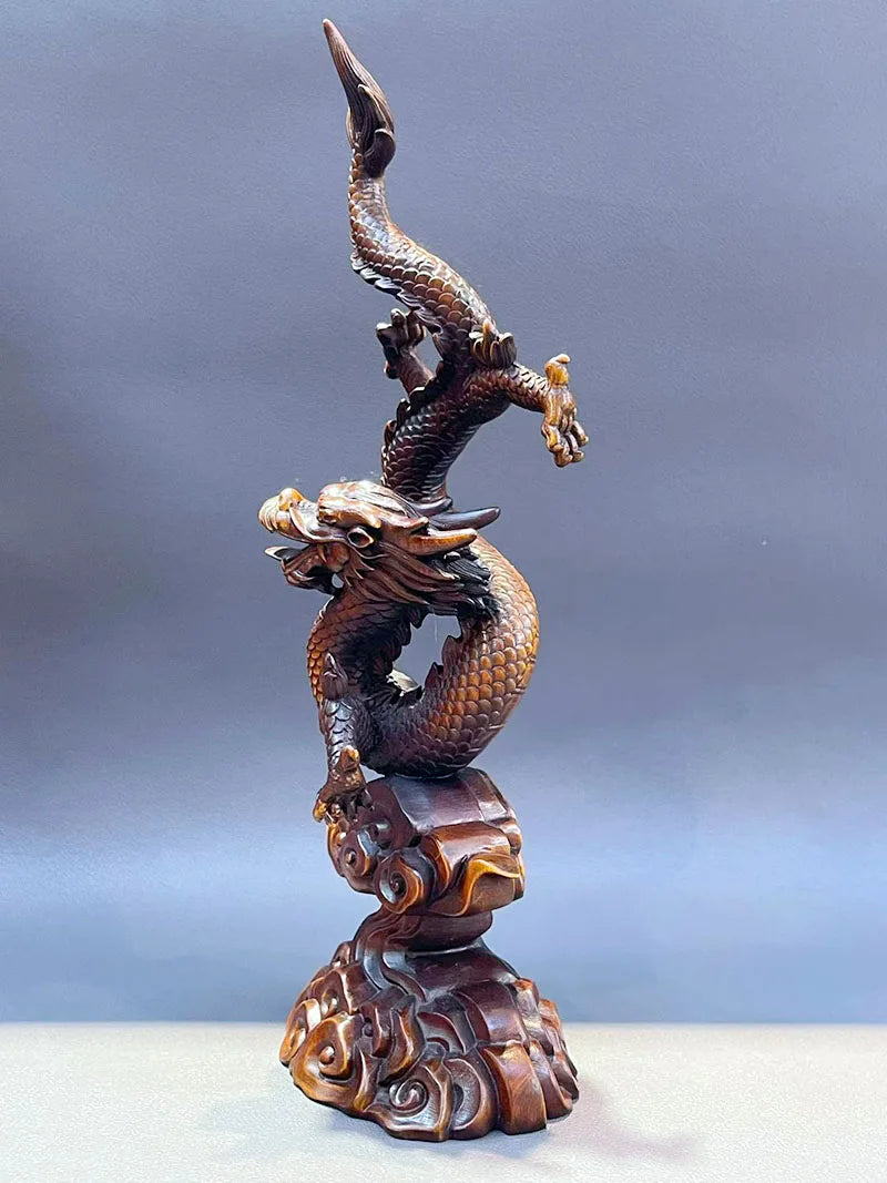 Sculpture dragon nuages bois brun détails complexes autoportante traditionnelle asiatique