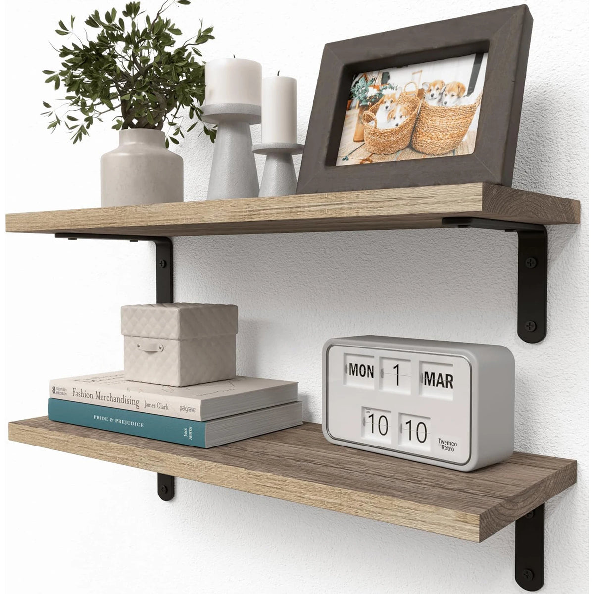 étagères murales bois gris moderne respectueux environnement double niveaux cuisine déco objet