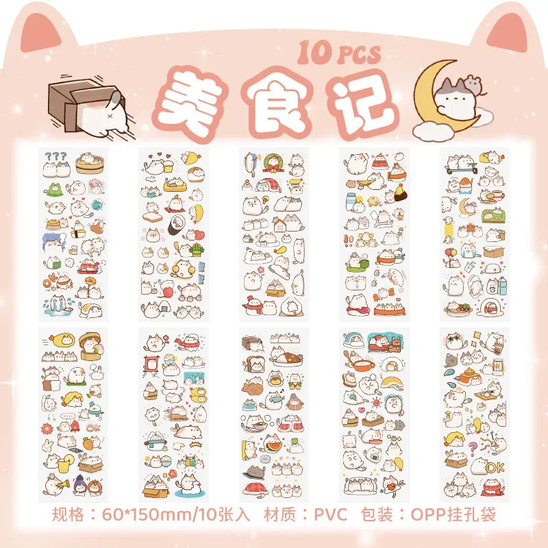 sticker kawaii adhésif dessins animés chats floraux textes scrapbooking transparent rose vert bleu blanc