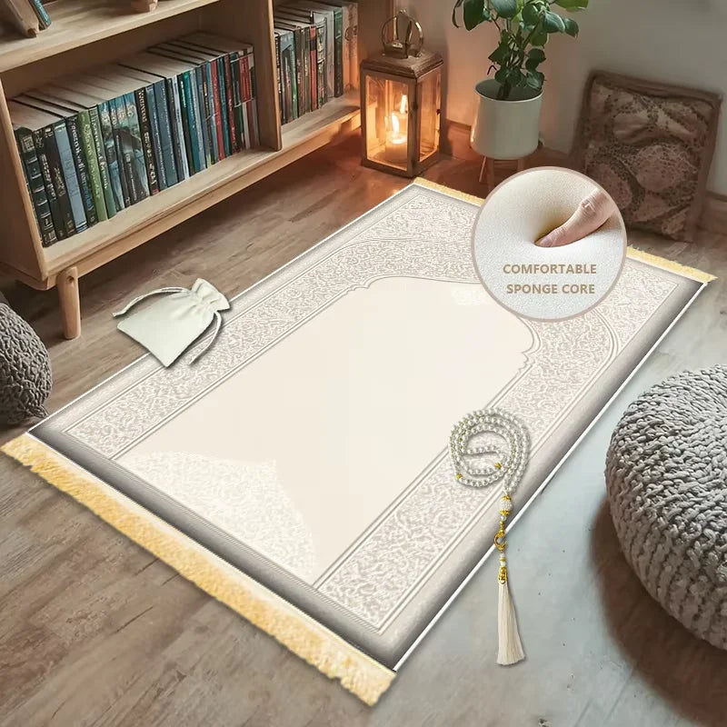 tapis prière polyester antidérapant ornements floraux beige doré classique traditionnel adultes