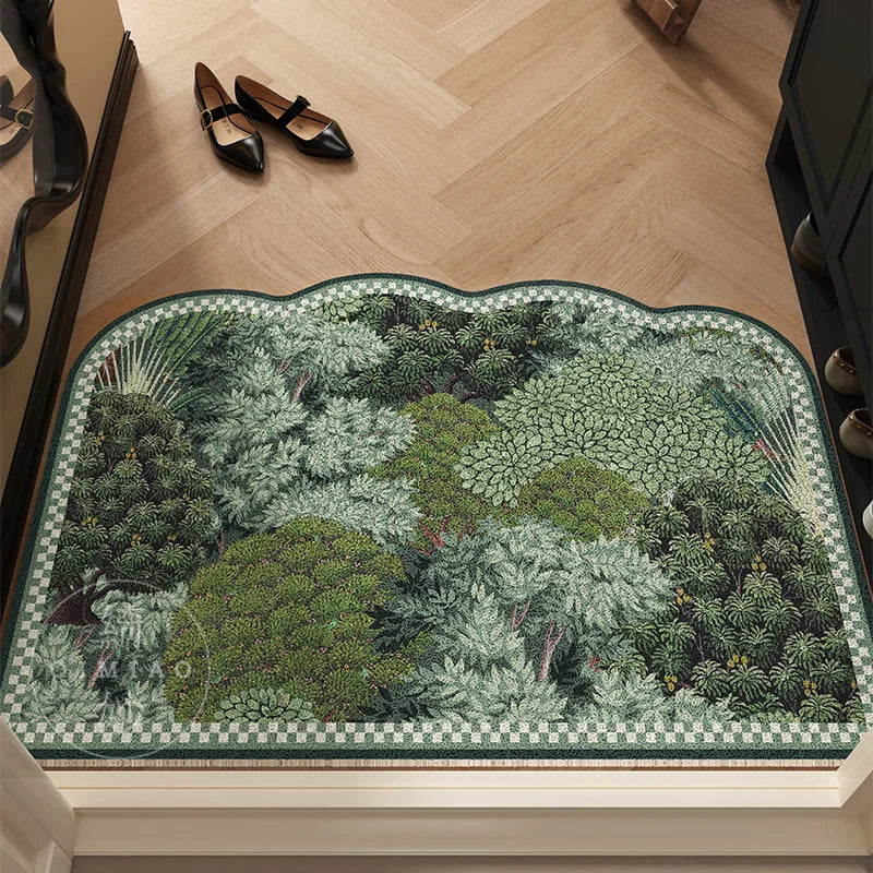 tapis antidérapant moderne vert gris feuilles paysage végétal résistant rides entrée couloir adultère