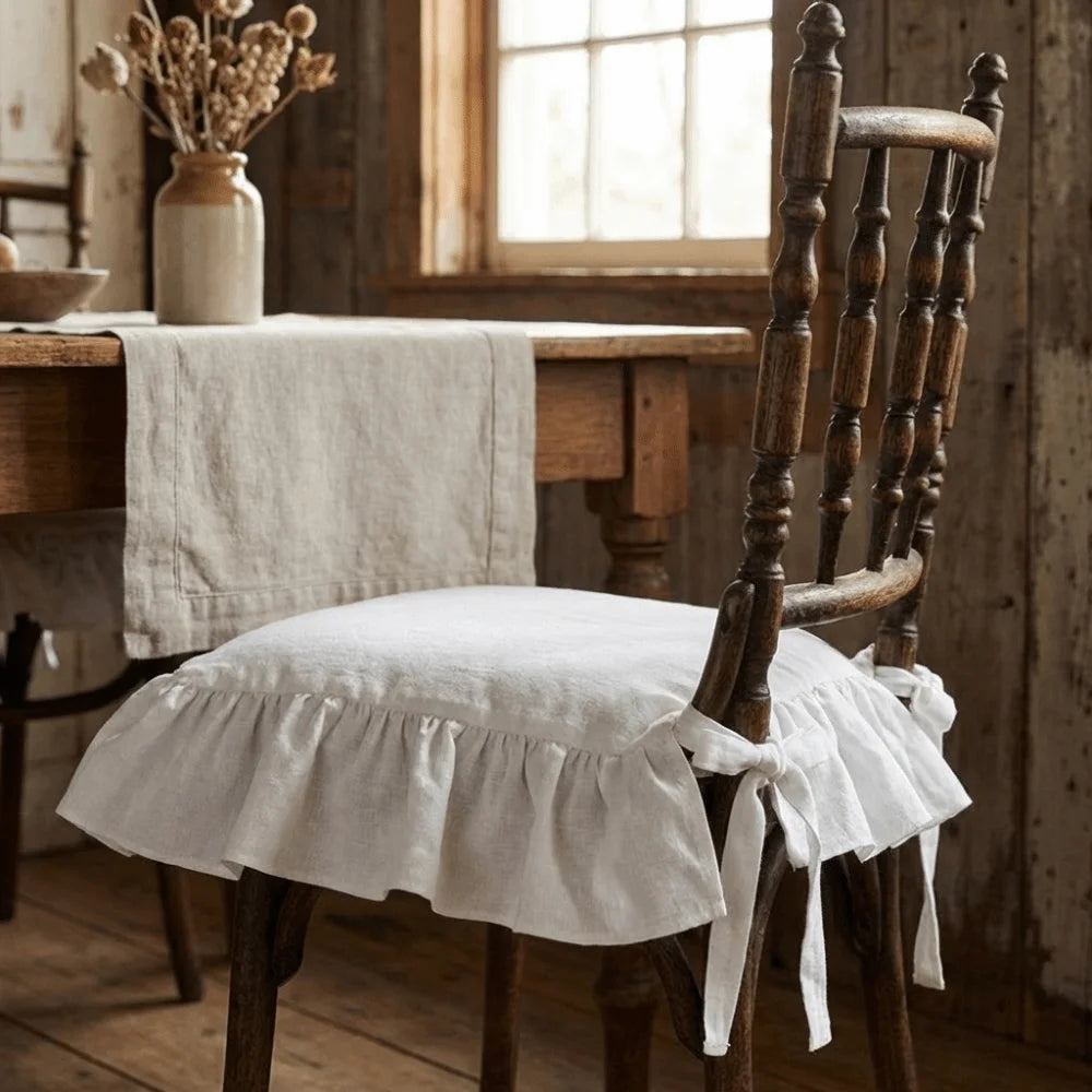 housse chaise rustique motif volants coton polyester beige blanc fixations rubans