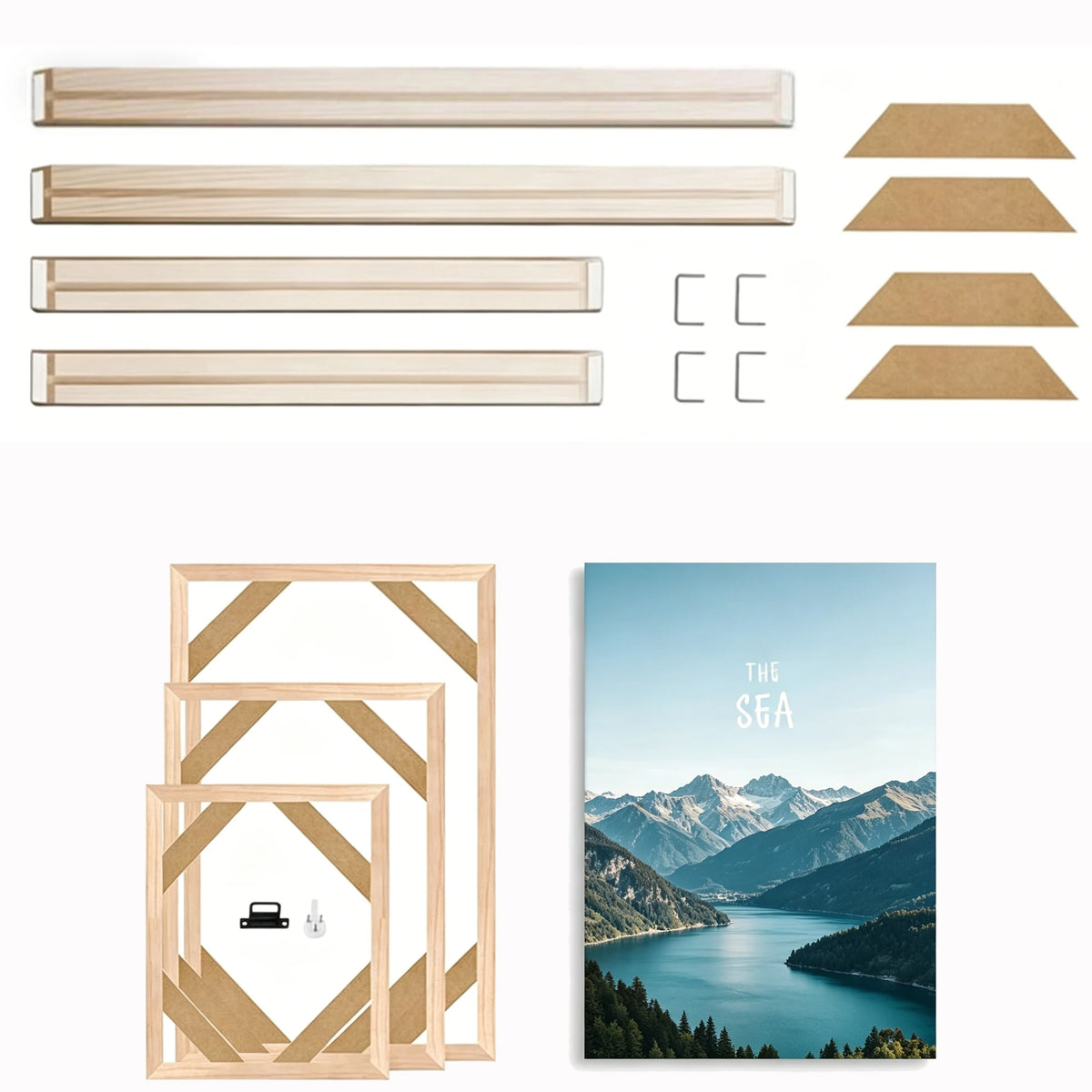 cadres bois naturel moderne peinture toile clips adhésifs inserts grandes tailles decoration maison minimaliste