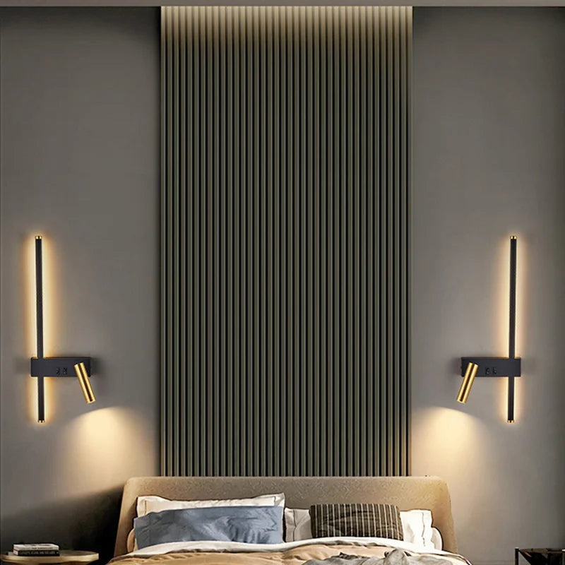 lampe murale led moderne minimaliste noir doré fixée mur interrupteur câble 2000lm chambre salle
