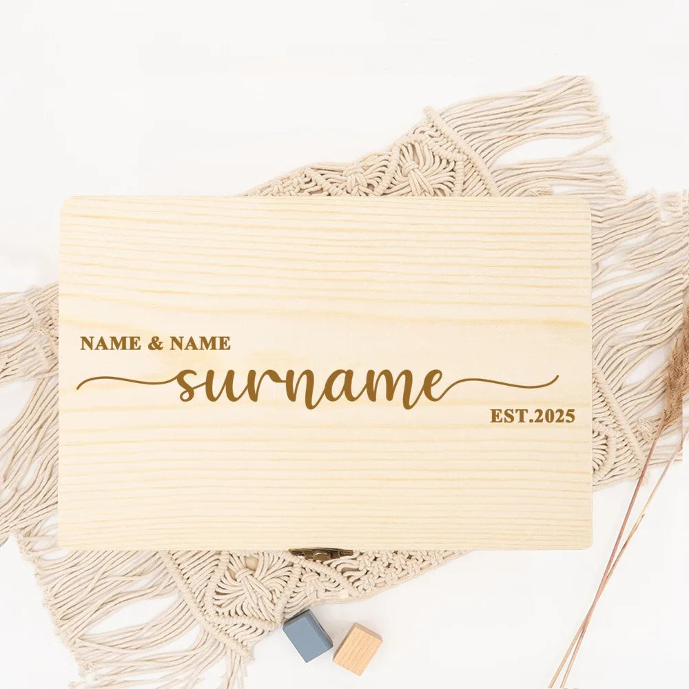 boîte bois gravure personnalisable vintage cadeau mariage souvenirs naturel cadenas poignée emballage bijoux rustic