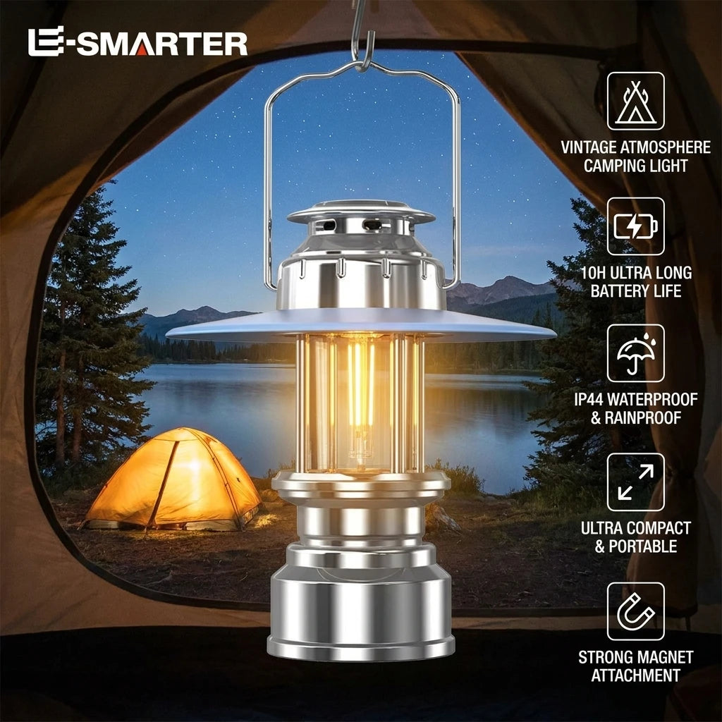 lanterne led vintage portable rechargeable argentée bleue ambiance campingextérieur