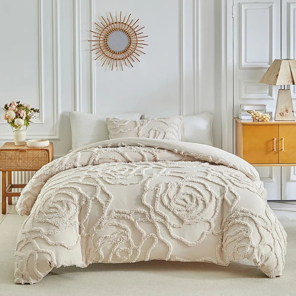 housse couette taies d'oreiller 3pc rose brodée franges classique lit king size polyester Jacquard