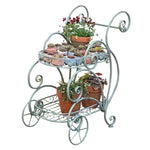 support mobile fleurs étagère métal vintage deux niveaux roues blanc gris bleuté Pods différentes