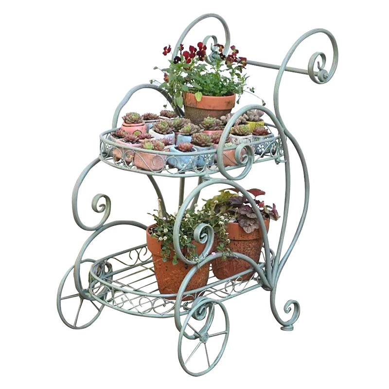 support mobile fleurs étagère métal vintage deux niveaux roues blanc gris bleuté Pods différentes