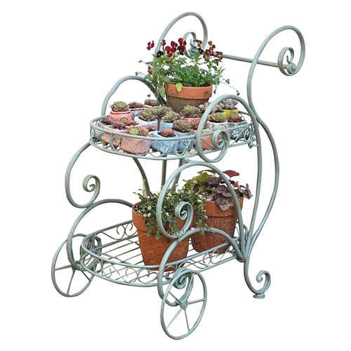 support mobile fleurs étagère métal vintage deux niveaux roues blanc gris bleuté Pods différentes