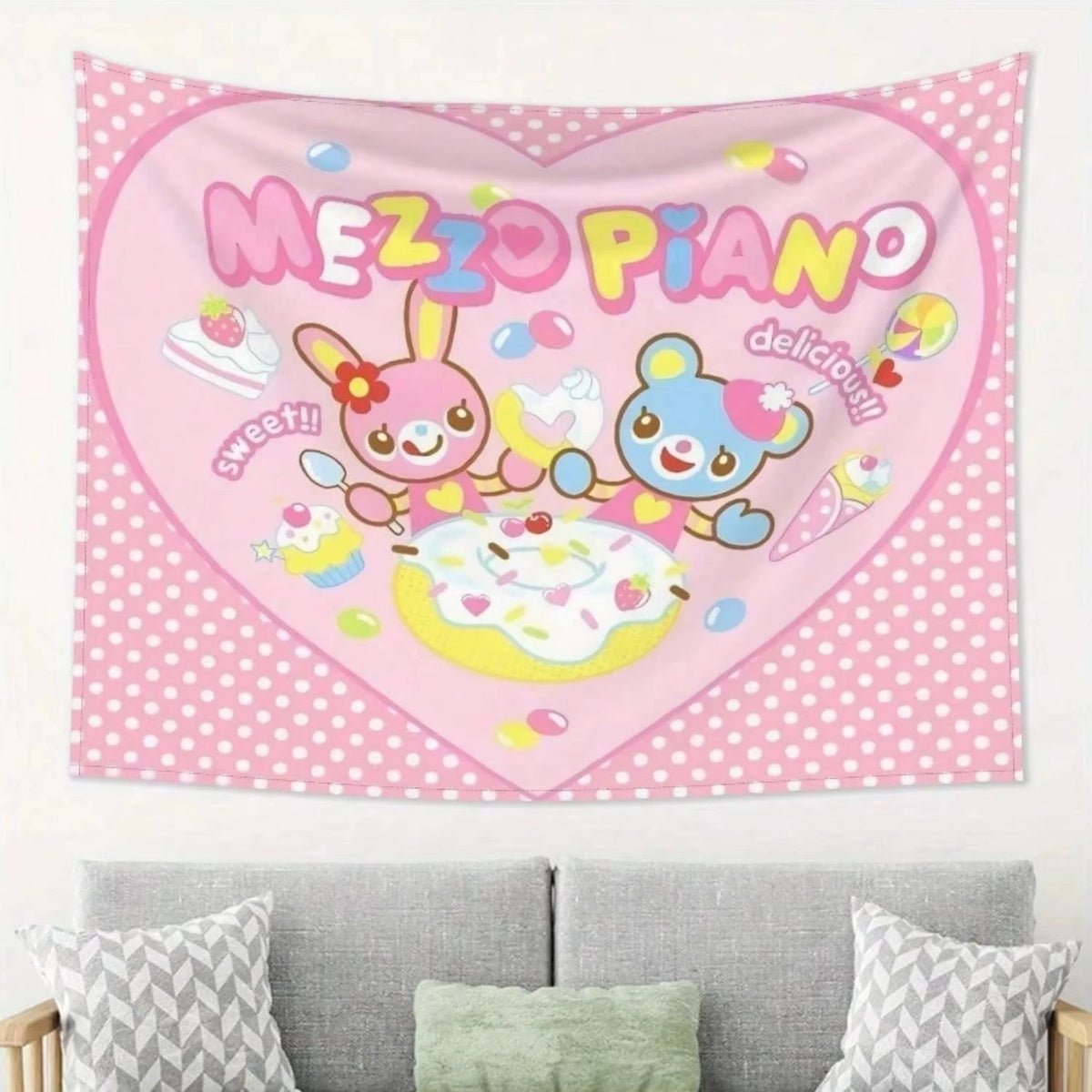 tapisserie kawaii pastel rose coeurs pois dessins animés cartoon mignonne chambre enfant décoration