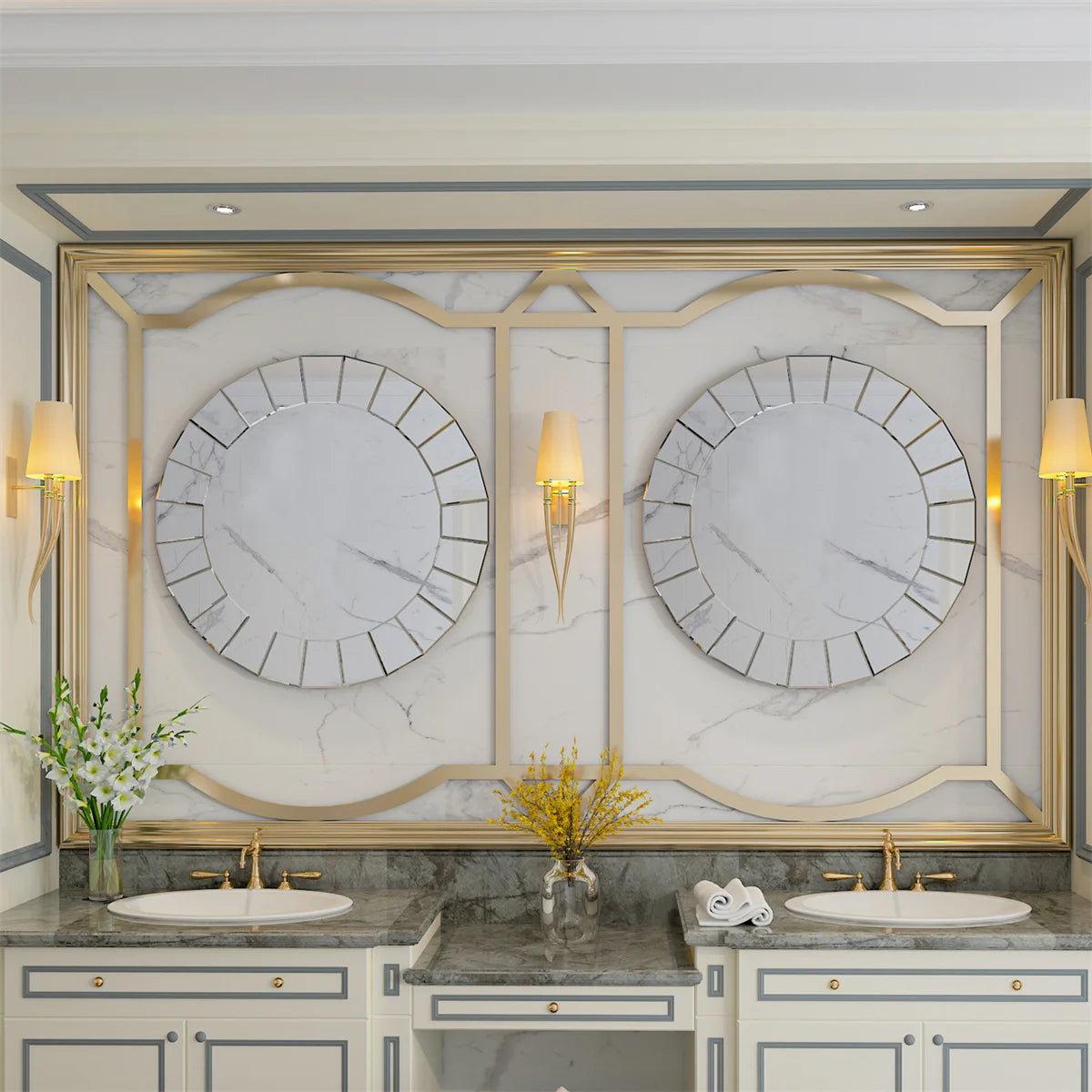 Détail de la finition argentée du miroir rond