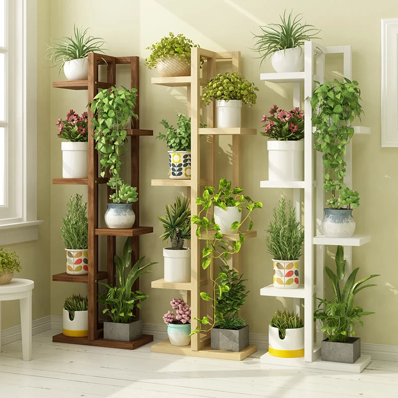 étagère plante bois moderne multi niveaux marron clair blanc pots minimaliste
