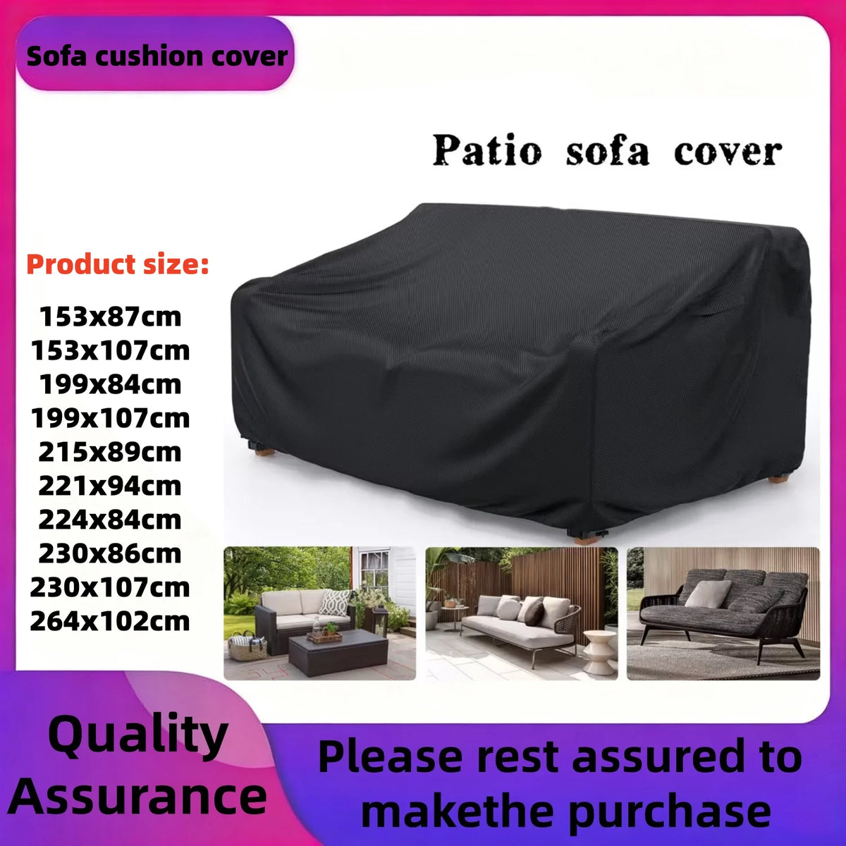 housse canapé patio noir moderne 100 polyester imperméable boucle fixation airflow padded handle