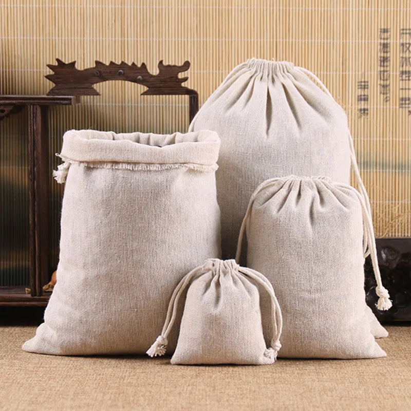 sacs rangement réutilisables lin tissu rustique vintage 10x12cm 12x15cm 15x20cm 30x40cm