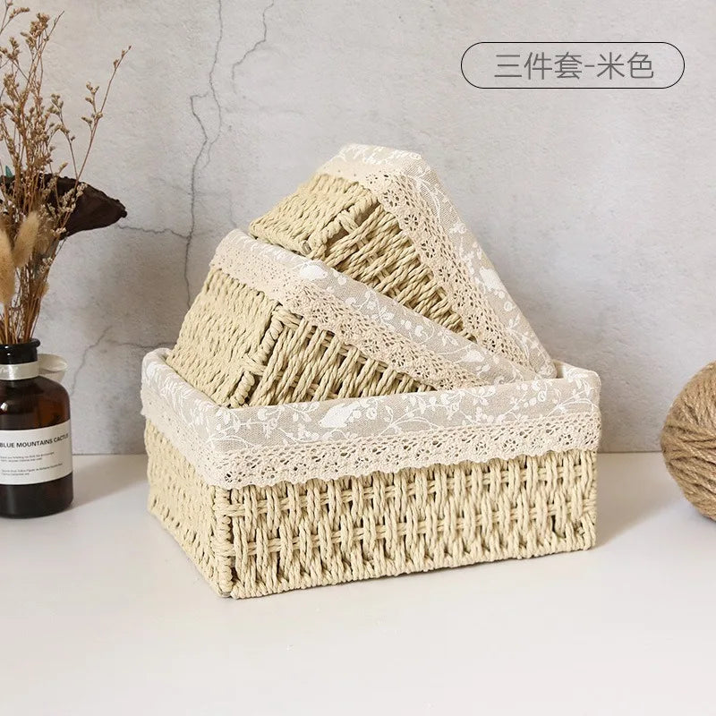 paniers rangement tissu dentelle beige rustique boho chic set trois tailles différentes