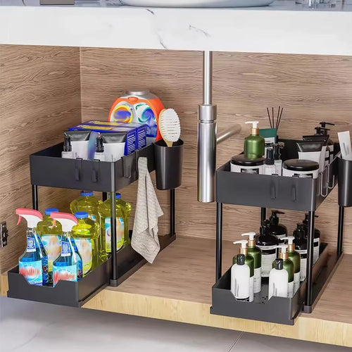 rangement sous évier tiroirs coulissants noir blanc moderne clips compartiments organisateur meuble robuste durable