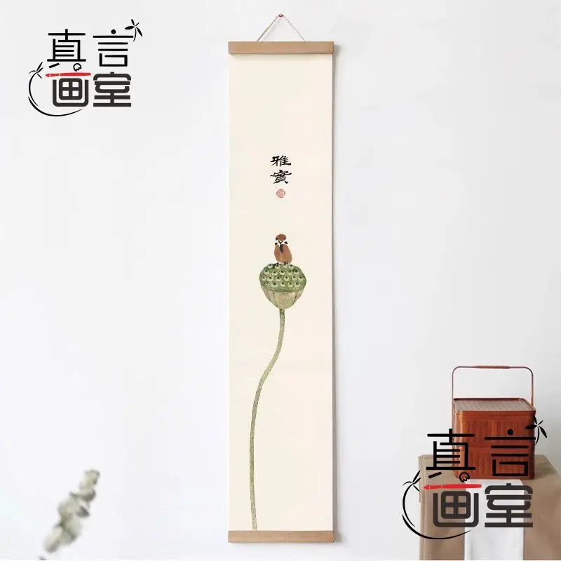 toile suspendue fleurs lotus art traditionnel beige clair rose verte noire rouge insectes texte