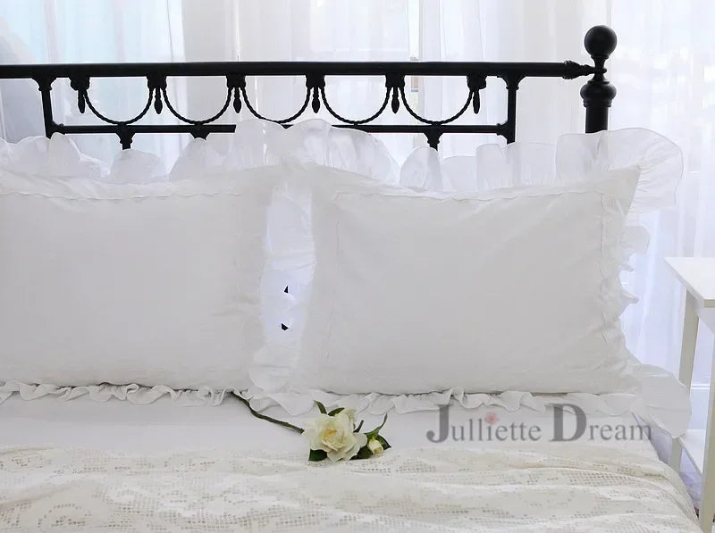 taie d'oreiller coton blanc vintage volants dentelle lit mariage chic