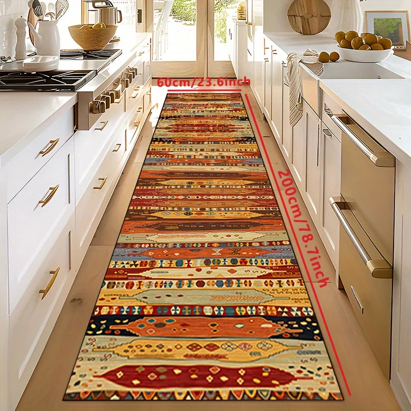 tapis runner ethnique motifs géométriques polyester imperméable rouge orange bleu