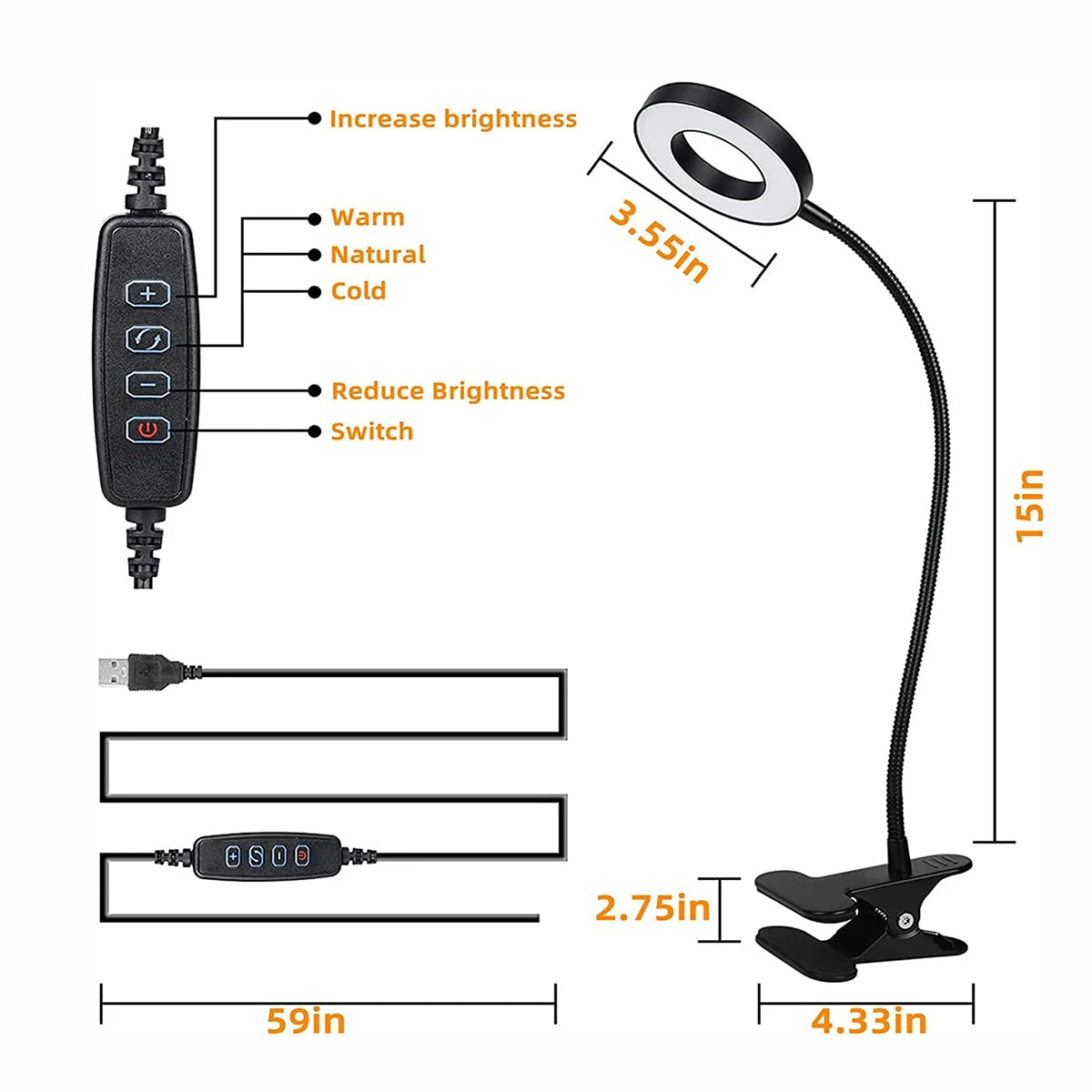 lampe clipable led anneau lumineux noir argenté moderne télécommande usb adjustable
