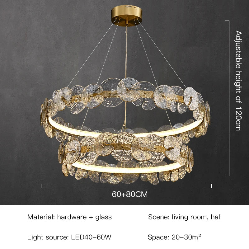 suspension lumineuse moderne dorée transparente disques circulaires texture rugueuse contemporaine élégante chaînes suspendues LED