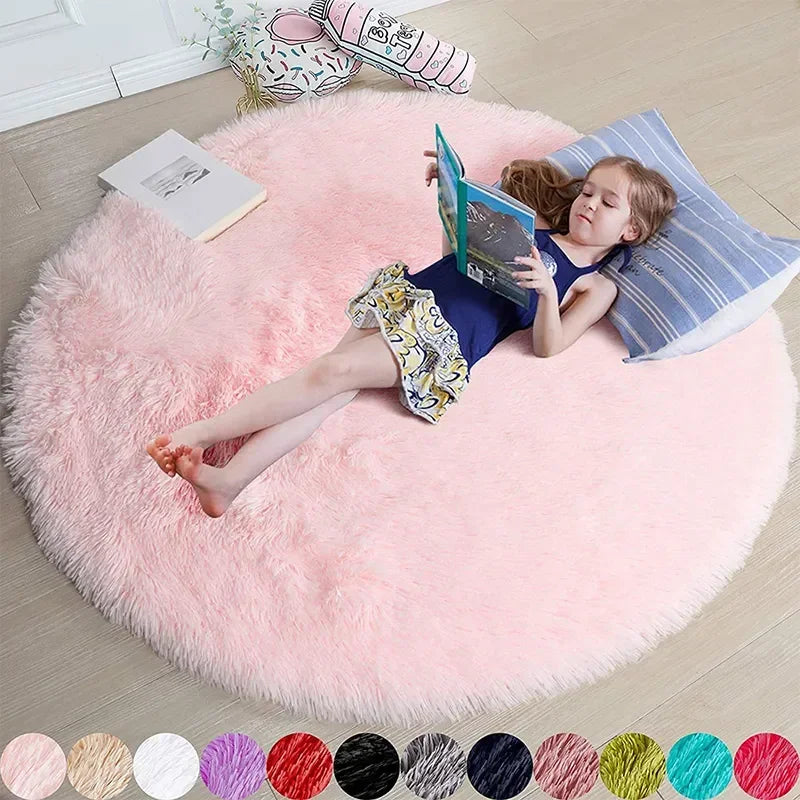 tapis rond peluche douce moderne rose blanc floral chambre salon extérieur