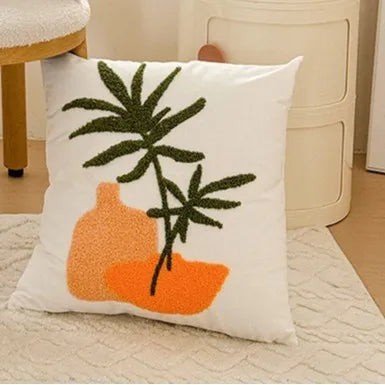 coussin carré 45x45 cm brodé feuille verte moderne décoration printanière