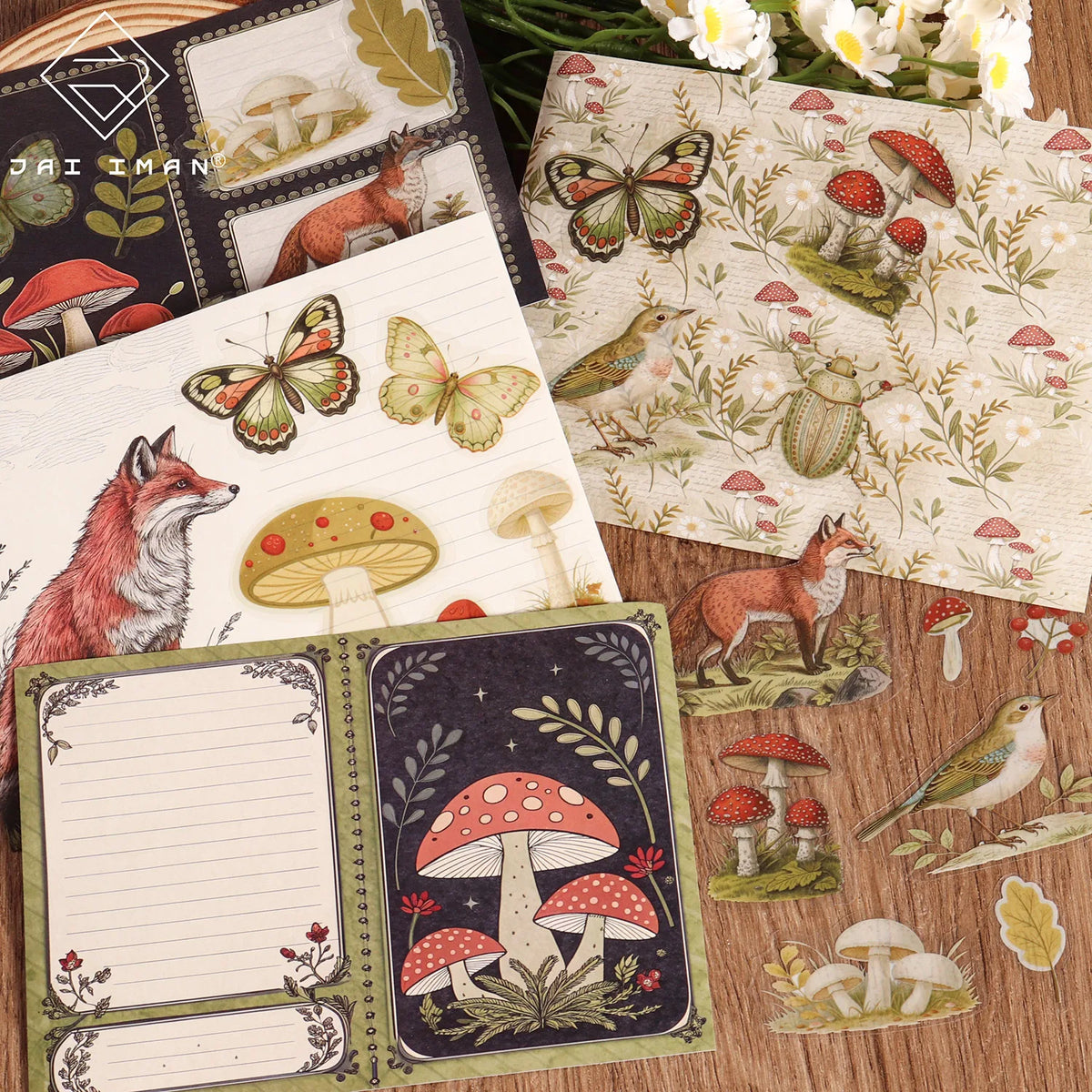 carnet notes stickers autocollants motifs naturels vintage papier lignes illustratif champignons oiseaux feuilles adhésif